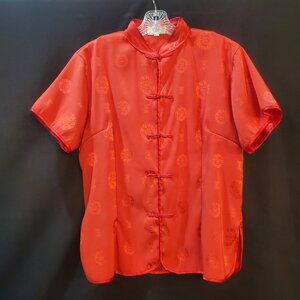 Silk Fashion Asian Style Red Silk Knot Button Up Closure Mandarin Collar XL